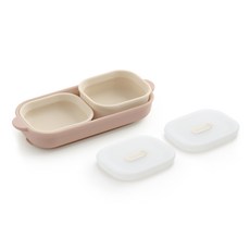 TACKAON 123 矽膠 1格 餐盤 + 飯碗 + 湯碗 + 碗蓋, 1套, 米粉色, 象牙白