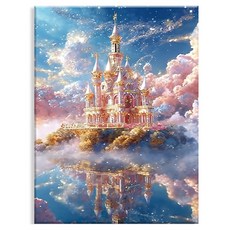 Npic Art 畫布型 鑽石畫 DIY 套組 40 x 50 cm, MK174 風景 粉色雲朵與夢幻城堡, 1個