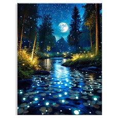 Npic Art 畫布型 鑽石畫 40 x 50 cm, MK194 風景 月光照耀的江河, 1個