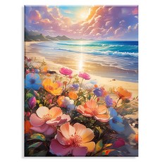 Npic Art 畫布型 鑽石畫 DIY 套組 40 x 50 cm, MK187 風景 海邊美麗的花朵, 1個