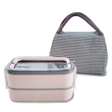 Coco July 不鏽鋼雙層便當盒 + 餐具 + 便當袋組, 1套, 可愛粉