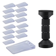 MONACO OLIVE 水平調整防滑家具調平器 16入 + 4段調節家具固定器套組, 1套, 透明(調平器), 黑色(固定器)