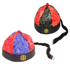 Party09 角色扮演用中式髮辮帽2件組, 1組, 黑紅(中),藍紅(大)