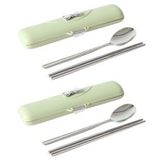휴대용 2인용 리본 수저 세트, 1세트, 스푼+젓가락+케이스+거치대, 민트