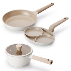 Lacena Solar 電磁爐單人家庭用平底鍋3件組, 1套, 18公分單柄鍋 + 24公分平底鍋 + 雙格雞蛋煎鍋, 象牙白