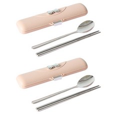 便攜式雙人緞帶餐具組, 湯匙 + 筷子 + 餐具盒 + 支架, 1套, 粉紅色