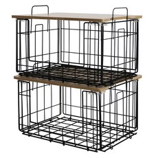 IRIS OHYAMA 愛麗思歐雅瑪 木質頂板網格收納籃 WBS-SQ, 2個, 原木黑