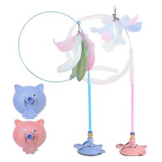 MAAH 貓咪吸盤式羽毛長鋼絲釣竿玩具2件組, 1套, 藍色, 粉紅色