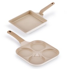 Lacena 電磁爐適用 Solar 極佳大尺寸早午餐煎鍋 2件組, 1套, 玉子燒鍋 + 4格雞蛋煎鍋, 象牙白