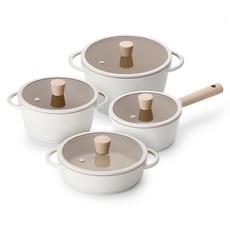 Lacena Solar 電磁爐鍋具4件組, 1套, 象牙白, 單柄鍋 18cm + 雙耳鍋 20cm + 湯鍋 20cm + 雙耳鍋 24cm