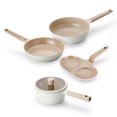 Lacena Solar 電磁爐用自炊生4件組, 1套, 18公分單柄鍋 + 24公分煎鍋 + 24公分炒鍋 + 2格雞蛋煎鍋, 象牙白