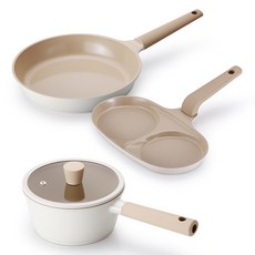 Lacena 電磁爐 Solar 單人家庭 3件組, 單柄鍋 18cm + 平底鍋 24cm + 2格雞蛋鍋, 1套, 象牙白