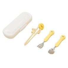 Edison Friends兒童量身訂製筷子 4件組 白兔子, 1組, 學習筷子+湯匙+叉子+餐具盒, 黃色