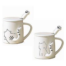 모던지 꼬리치는 냥이컵 + 뚜껑 + 숟가락 세트 직경 8cm x 높이 9cm YJ748, A, C, 2세트