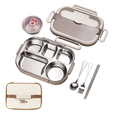 Coco July 5格不鏽鋼餐盤便當盒 + 便當袋 + 湯碗 + 餐具組, 1套, 棕色