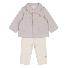 ETTOI 童款小馬圖案灰色翻領棉質扣式外套+長褲套裝, 淺米色
