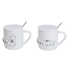 모던지 게으른고양이 컵 8.7 x 9.4 cm 2종 + 뚜껑 2p + 수저 2p 세트 YJ744, B, C, 1세트