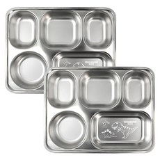 kitchen U 兒童用暴龍304不鏽鋼5格加深餐盤, 銀色, 2個