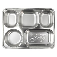 kitchen U 兒童用暴龍304不鏽鋼5格加深餐盤, 銀色, 1個