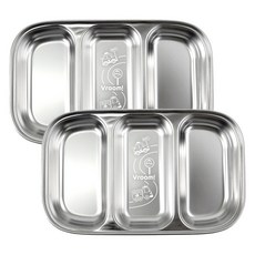 Kitchen-U 兒童用 噗噗車 304不鏽鋼 3格分隔餐盤, 銀色, 2個