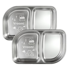 kitchen U 兒童用噗噗車304不鏽鋼圓形2格分隔餐盤, 銀色, 2個