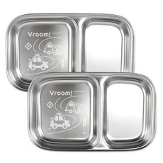 kitchen U 兒童用 噗噗車車 304不鏽鋼 2格分隔餐盤, 銀色, 2個