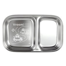 kitchen U 兒童用 噗噗車車 304不鏽鋼 2格分隔餐盤, 銀色, 1個