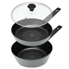 Sisem 現代灰色鑽石塗層平底鍋3件組, 1套, 灰色, 平底鍋 24cm + 炒鍋 24cm + 玻璃鍋蓋 24cm