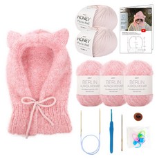 Knitt 棉花糖貓咪巴拉克拉瓦帽編織DIY材料包, 1套, 美麗諾羊毛線(嬰兒粉), 馬海毛線(柔和粉)