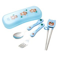 幼兒用多合一湯匙+叉子+筷子+餐具盒組, 幸運熊, 1組, 餐具盒+學習筷子+湯匙+叉子