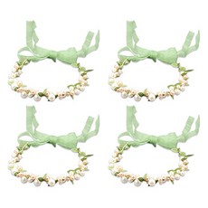Homeflow 華麗閃耀珍珠葉子花冠髮飾 4入, 綠色緞帶