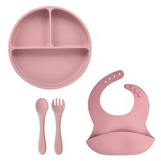 UMEE 嬰兒自主進食矽膠副食品吸盤餐盤 + 圍兜 + 湯匙 + 叉子組合, 1套, 寶寶粉