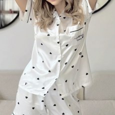 Eolipeul 女性柔軟絲質愛心領短袖上下睡衣套裝