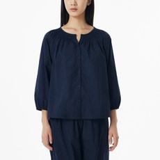 JAJU 女性透氣孔眼縮褶七分袖棉質睡衣襯衫