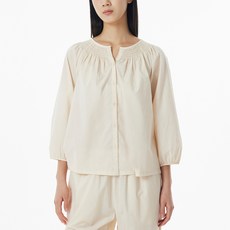 JAJU 여성용 통기성 아일렛 스모킹 7부 파자마 면 셔츠