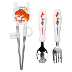 kitchen U Tyranno孩童學習餐具組 第1階段, 勺子+叉子+筷子, 1組, 白色