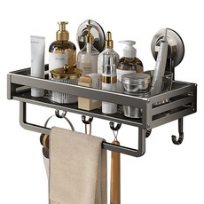 Hanbomnuri 浴室免鑽孔吸盤式一字型層架掛勾毛巾架, 深灰色, 1個