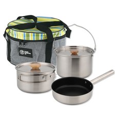 Balunfini 電磁爐適用3層鍋底露營鍋 大 4.5L+中 2L+平底鍋 1.8L+手把+收納包組, 1組, 混色