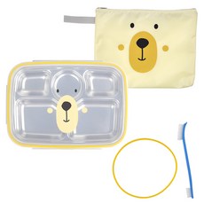 kitchen U 趣味熊不鏽鋼加深型餐盤便當袋組, 1套, 餐盤 + 蓋子 + 提袋 + 矽膠 + 清潔刷, 混合顏色