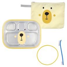 kitchen U 趣味熊不鏽鋼基本款餐盤便當提袋套組, 1套, 餐盤 + 蓋子 + 袋子 + 矽膠 + 清潔刷, 混合顏色