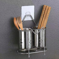 비긴투올 올스텐304 물빠짐 무타공 벽부착 2단 수저원통 + 스텐받침, 실버, 1개