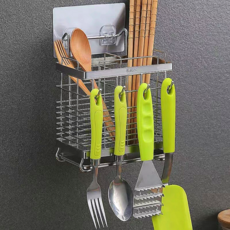 Begin to All 全304不鏽鋼 瀝水 免打孔 壁掛式 寬版 雙層餐具筒 + 不鏽鋼接水盤 套組, 銀色, 1套