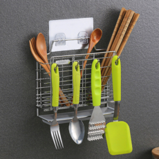 Begin to All 全304不鏽鋼瀝水免打孔壁掛式窄版3層餐具筒 + ABS瀝水盤組合, 銀色, 1套