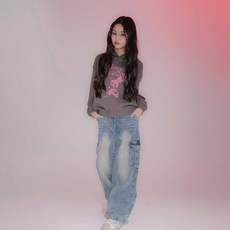 applepink 青少年寬鬆闊腿粉色調工裝牛仔褲 U107