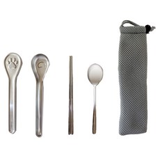 HAKOYA 304不鏽鋼貓咪餐具盒組, 銀色, 1套, 湯匙 + 筷子 + 餐具盒 + 專用袋