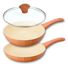 GENIAL Cucina IH 電磁爐平底鍋具組 A款 3件組, 1套, 平底鍋 28cm + 炒鍋 28cm + 強化玻璃鍋蓋 28cm, 橘色