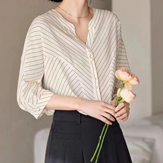 페이퍼먼츠 브윈 사선 스트라이프 반팔 블라우스 10141
