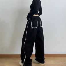 MEICHEL 女款蕾絲Raining寬版鬆緊帶長褲 10089