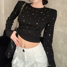 ViVEMO 女款 Elan 修身圓領泡泡袖水鑽長袖T恤 10024