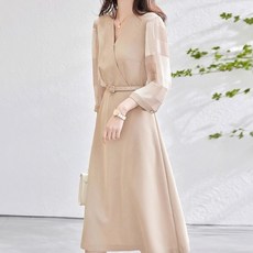 Paperments Buel V領綁帶OL風洋裝 10187 含大尺碼, 米色